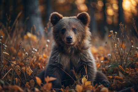 A cute little bear cub sitting among the autumn yellow foliage. Animal hunting. Poaching.の素材