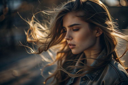 A beautiful, young woman with a thoughtful look. The hair develops in the wind and gives a feeling of lightness and naturalness.の素材