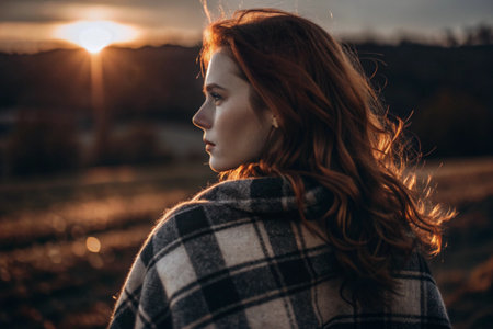 Portrait of a red-haired beautiful woman in close-up, wrapped in a plaid, in the rays of the setting sun. Cozy autumn evenings in nature.の素材