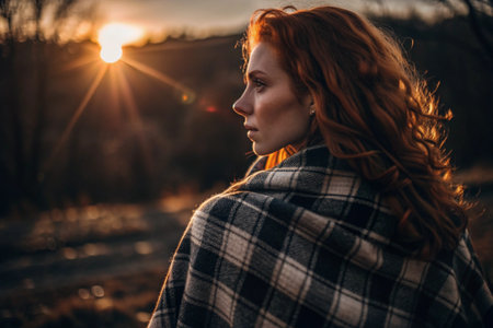 Portrait of a red-haired beautiful woman in close-up, wrapped in a plaid, in the rays of the setting sun. Cozy autumn evenings in nature.の素材