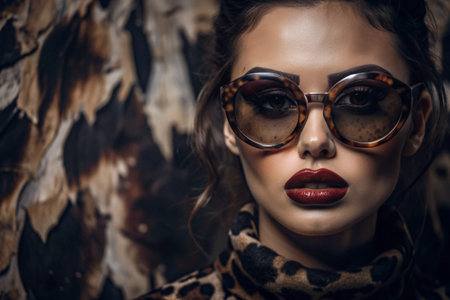 A beautiful girl with round leopard print glasses and red lipstick on her lips. The concept of fashion, style, vivid image, creativity and current trends.の素材