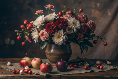 A colorful summer, autumn bouquet of flowers of different red, pink, white shades in a vase and red ripe apples on the table.の素材