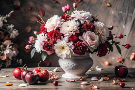 A colorful summer, autumn bouquet of flowers of different red, pink, white shades in a vase and red ripe apples on the table.の素材