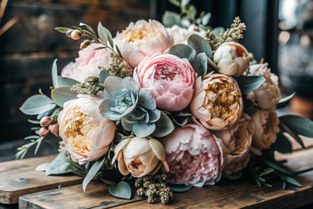 Small business. A beautiful delicate bouquet of peonies for the buyer. Floral decoration. Flower delivery, order processing.の素材