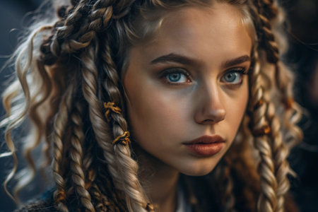 A deep, emotional portrait. The face of a young girl without makeup with expressive eyes and light curly hair. Natural female beauty.の素材