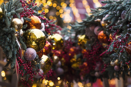 Beautiful festive decorations on the Christmas tree. Close-up. Beautiful Christmas background. The concept of decorations and decor for the new year. New Year's Card 2025の写真素材