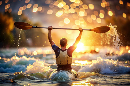 A kayaker celebrates his victory with an oar in his hands on a blurred background of the river. Kayaker at the Summer Olympics.の素材
