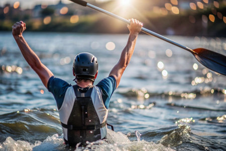 A kayaker celebrates his victory with an oar in his hands on a blurred background of the river. Kayaker at the Summer Olympics.の素材