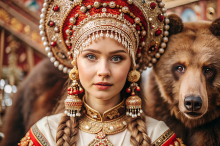 A beautiful girl in a traditional Russian national costume. Against the background of a live bear. The portrait symbolizes the traditions and beauty of the Russian people.の素材