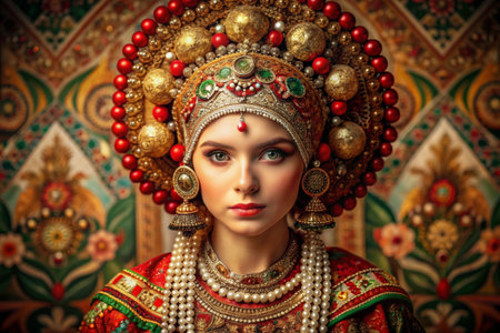 A beautiful girl in a traditional Russian national costume. The portrait symbolizes the traditions of Russia and the beauty of the Russian people.の素材