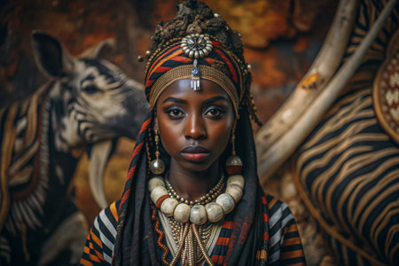 A beautiful black African girl in a traditional African national costume. Against the background of a zebra. The portrait symbolizes the traditions and beauty of the African people.の素材