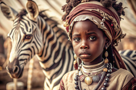 A beautiful black African girl in a traditional African national costume. Against the background of a zebra. The portrait symbolizes the traditions and beauty of the African people.の素材