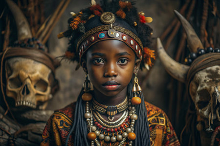 A beautiful black African girl in a traditional African national costume. Against the background of bones. The portrait symbolizes the traditions, culture and beauty of the African people.の素材