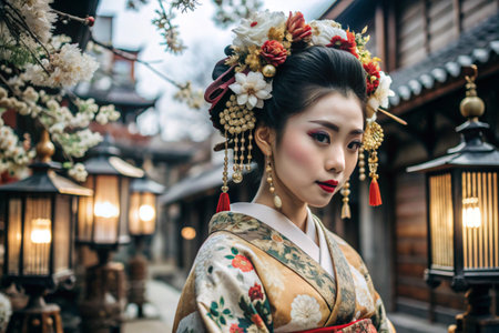 A Japanese girl in a traditional national costume - a kimono. Against the background of houses, lanterns and cherry trees. The portrait symbolizes the traditions and culture of the people of Japan.の素材