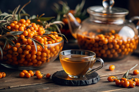 A healthy, ripe sea buckthorn berry in close-up. Vitamin, orange, autumn, seasonal tea made from sea buckthorn berries on a dark background. Berry tea for the immune system.の素材