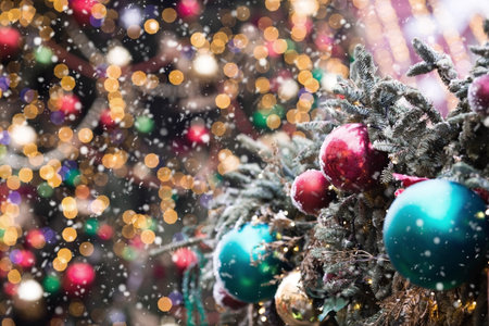 Beautiful festive decorations on the Christmas tree. Close-up. Beautiful Christmas background. The...