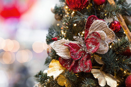 Beautiful festive decorations on the Christmas tree. Close-up. Beautiful Christmas background. The...