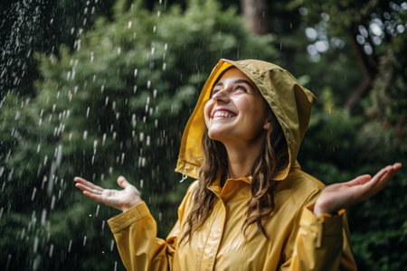 Close-up. A happy young woman in a raincoat enjoys the rain on the background of a green forest, the concept of enjoying a natural leisurely life, environment, lifestyle.の素材
