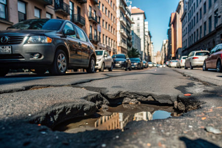 The terrible condition of the roads. A hole in the asphalt on a city street. Road repairs. A city street of poor quality.の素材