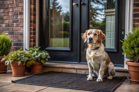 Animal care. The puppy sits patiently at the front door, looking forward to his master and walking with him.の素材