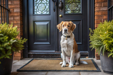 Animal care. The puppy sits patiently at the front door, looking forward to his master and walking with him.の素材