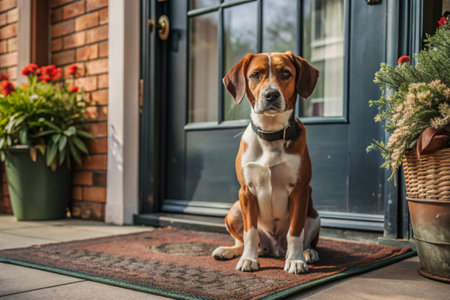 Animal care. The puppy sits patiently at the front door, looking forward to his master and walking with him.の素材