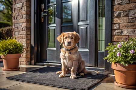 Animal care. The puppy sits patiently at the front door, looking forward to his master and walking with him.の素材