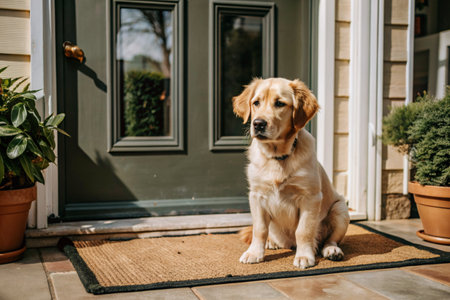 Animal care. The puppy sits patiently at the front door, looking forward to his master and walking with him.の素材