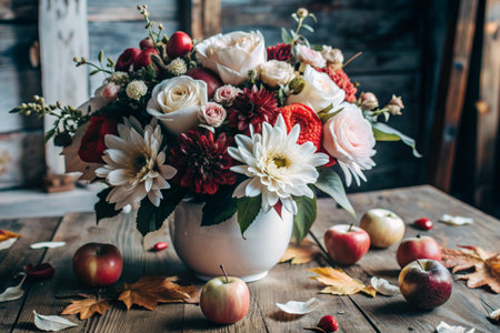 A colorful summer, autumn bouquet of flowers of different red, pink, white shades in a vase and red ripe apples on the table.の素材