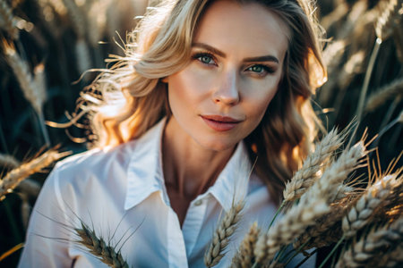 A young girl in a white shirt with golden hair stands in a field of ripe golden wheat at sunset. Harvest, rural nature and life.の素材