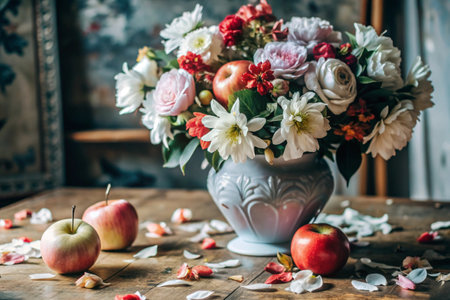 A colorful summer, autumn bouquet of flowers of different red, pink, white shades in a vase and red ripe apples on the table.の素材