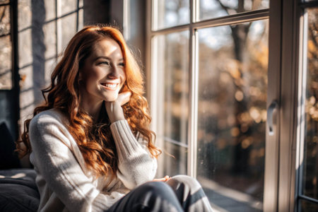 Portrait of a beautiful smiling red-haired girl with curly hair at the window where the warm autumn sun shines. It's autumn outside the window.の素材