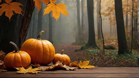 The banner. Autumn background of pumpkin and autumn leaves on a forest background. The concept of the Halloween holiday.の素材