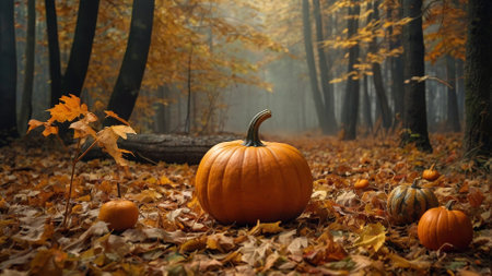 The banner. Autumn background of pumpkin and autumn leaves on a forest background. The concept of the Halloween holiday.の素材