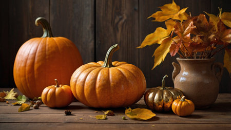 The banner. Autumn background of pumpkin and autumn leaves on a forest background. The concept of the Halloween holiday.の素材