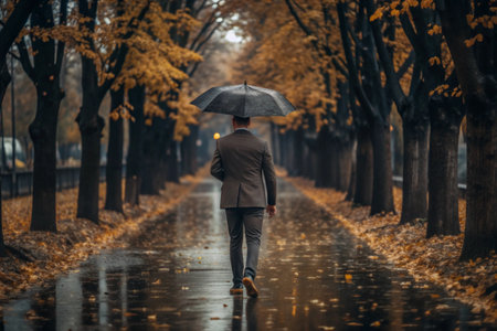 Rainy autumn weather. A man under an umbrella walks along an autumn alley in the park.の素材