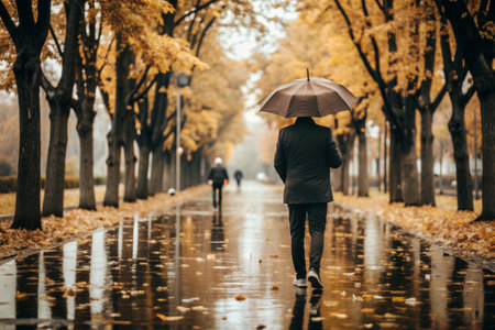 Rainy autumn weather. A man under an umbrella walks along an autumn alley in the park.の素材