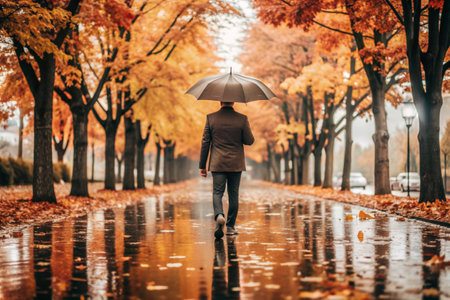 Rainy autumn weather. A man under an umbrella walks along an autumn alley in the park.の素材
