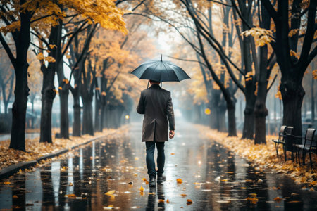Rainy autumn weather. A man under an umbrella walks along an autumn alley in the park.の素材