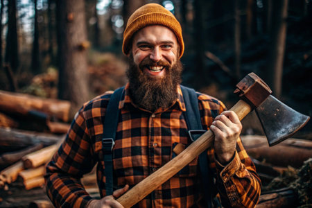 A lumberjack with an ax. The bearded woodcutter. We prepare firewood. Hiking in the forest. Forest care. A man in a plaid shirt uses an axe. A brutal male in the forest. Power and strength.の素材