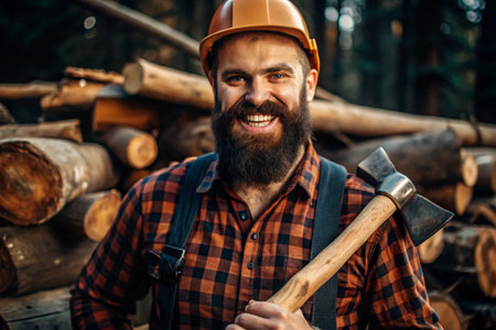A lumberjack with an ax. The bearded woodcutter. We prepare firewood. Hiking in the forest. Forest care. A man in a plaid shirt uses an axe. A brutal male in the forest. Power and strength.の素材