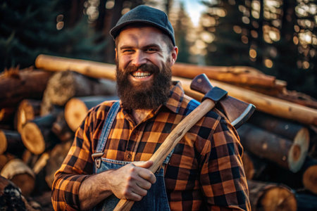 A lumberjack with an ax. The bearded woodcutter. We prepare firewood. Hiking in the forest. Forest care. A man in a plaid shirt uses an axe. A brutal male in the forest. Power and strength.の素材