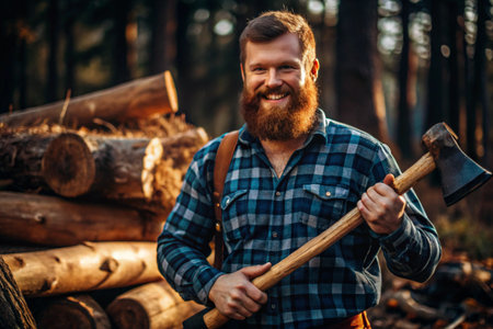 A lumberjack with an ax. The bearded woodcutter. We prepare firewood. Hiking in the forest. Forest care. A man in a plaid shirt uses an axe. A brutal male in the forest. Power and strength.の素材