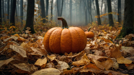 The banner. Autumn background of pumpkin and autumn leaves on a forest background. The concept of the Halloween holiday.の素材