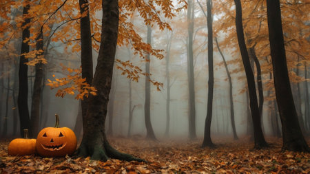 The banner. Autumn background of pumpkin and autumn leaves on a forest background. The concept of the Halloween holiday.の素材