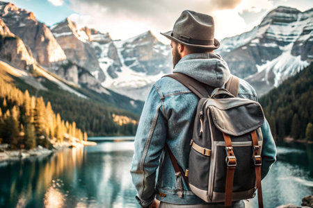 A man with a backpack on his back against the background of a blue lake in a forest in the mountains. The guy travels and enjoys life and the environment. Tourism.の素材