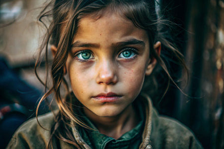 Hunger, poverty. Portrait of a beautiful dirty beggar girl with expressive green eyes. A hungry, poor little kid is looking at the camera.の素材