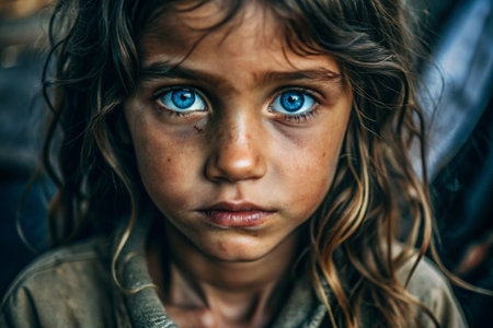 Hunger, poverty. Portrait of a beautiful dirty beggar girl with expressive blue eyes. A hungry, poor little kid is looking at the camera.の素材