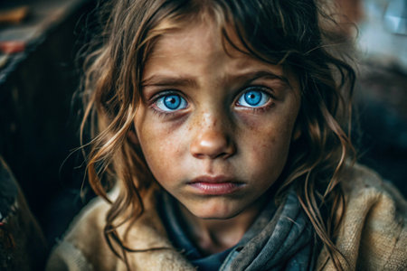 Hunger, poverty. Portrait of a beautiful dirty beggar girl with expressive blue eyes. A hungry, poor little kid is looking at the camera.の素材