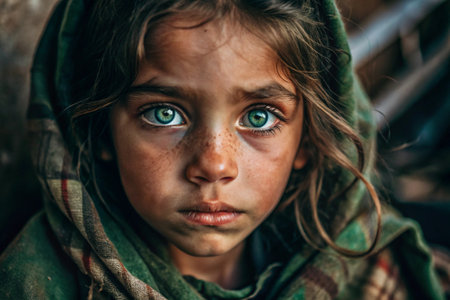 Hunger, poverty. Portrait of a beautiful dirty beggar girl with expressive green eyes. A hungry, poor little kid is looking at the camera.の素材